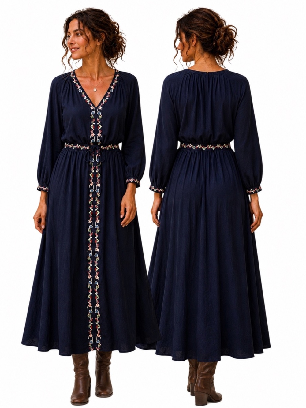 Velvet by Graham & Spencer Embroidered Navy Midi Dress | Folk Prairie Cottage